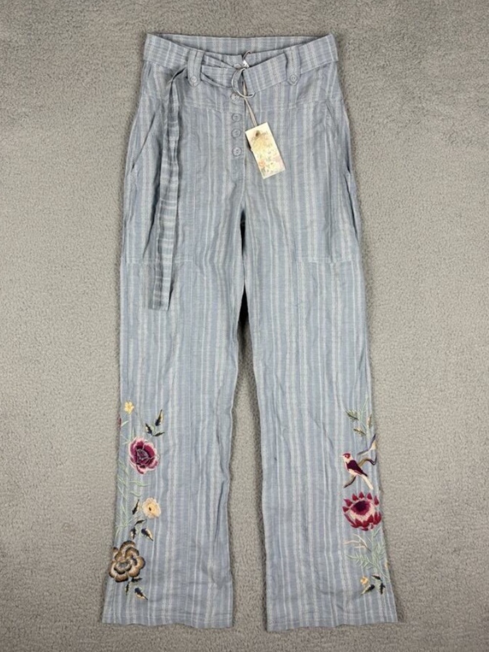 Johnny Was Blue Paloma Striped Linen-Blend Floral Embroidered Wide Leg Pants XS
